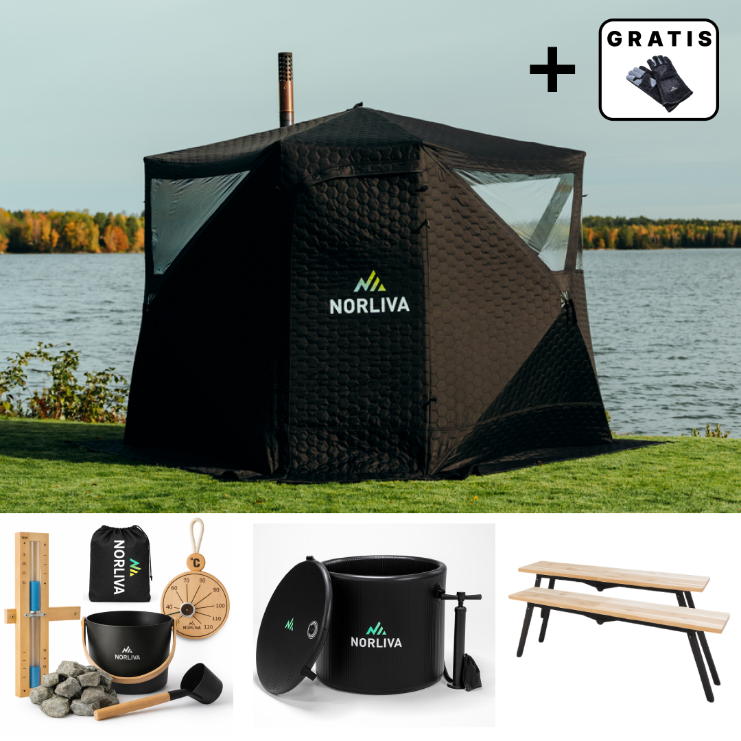 Set: Saunazelt Dalen 3.0 + Ofen + Sauna-Zubehör + Regenschutz + Bänke + Eistonne
