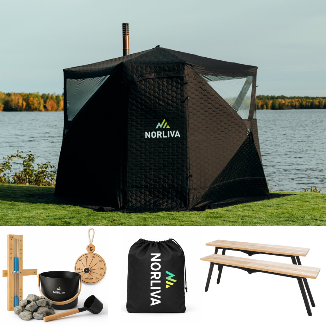 Set: Saunazelt Dalen 2.0 + Ofen + Sauna-Zubehör + Regenschutz + Bänke