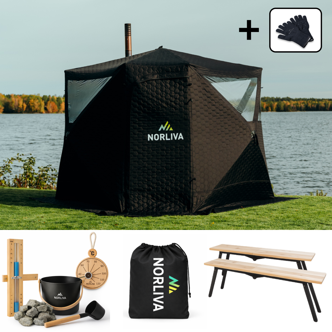 Set: Saunazelt Dalen 2.0 + Ofen + Sauna-Zubehör + Regenschutz + Bänke