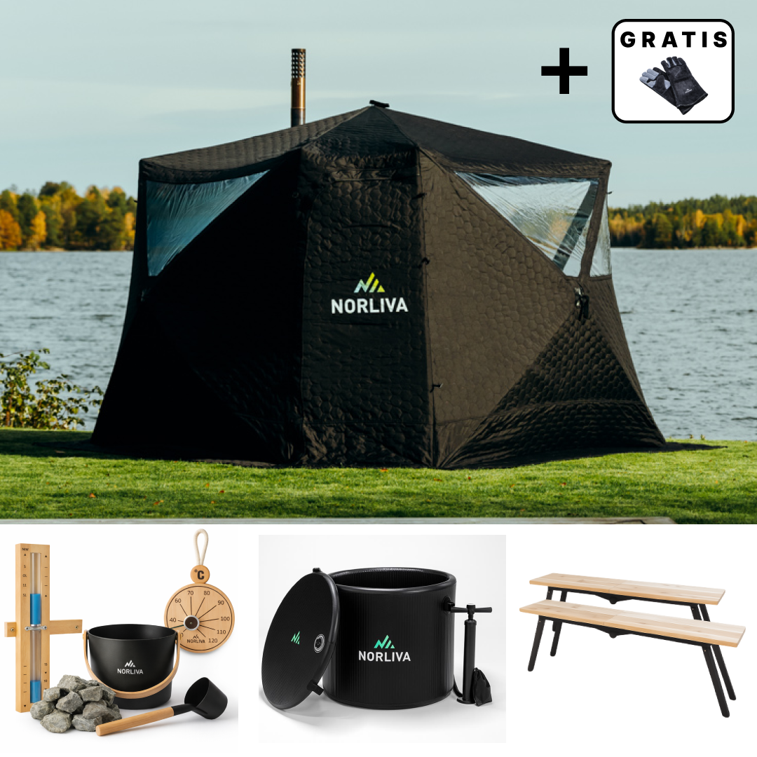 Set: Saunazelt Fjorden + Ofen + Sauna-Zubehör + Bänke + Eistonne