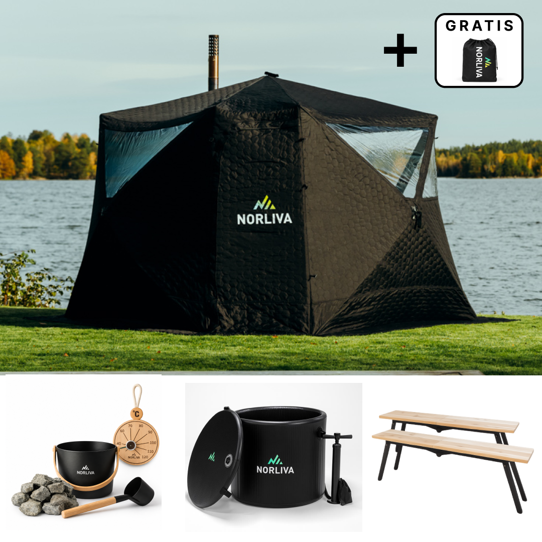 Set: Saunazelt Fjorden + Ofen + Sauna-Zubehör + Bänke + Eistonne
