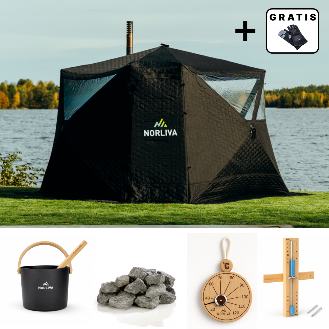 Set: Saunazelt Fjorden + Ofen + Sauna-Zubehör