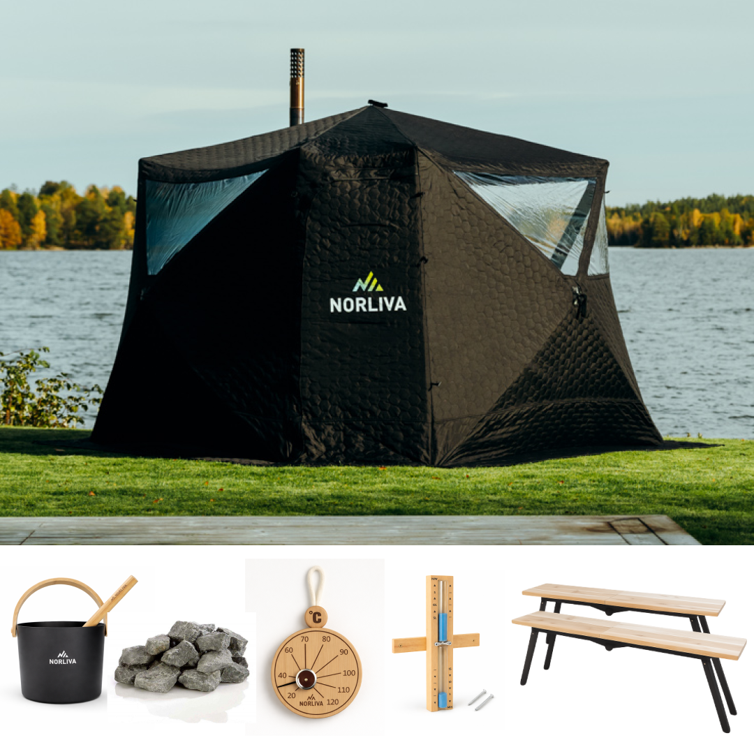 Set: Saunazelt Fjorden + Ofen + Sauna-Zubehör + Bänke