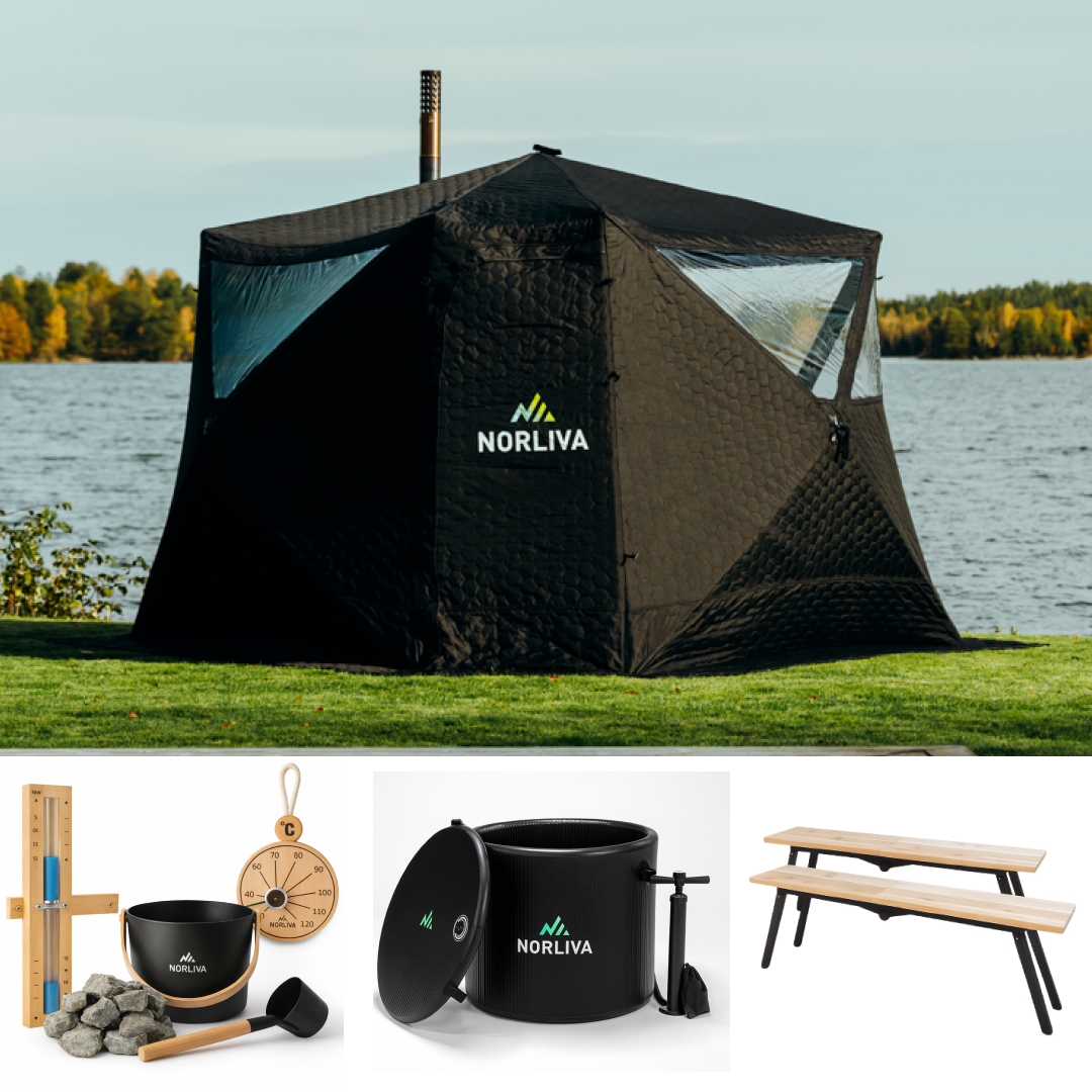 Set: Saunazelt Fjorden + Ofen + Sauna-Zubehör + Bänke + Eistonne