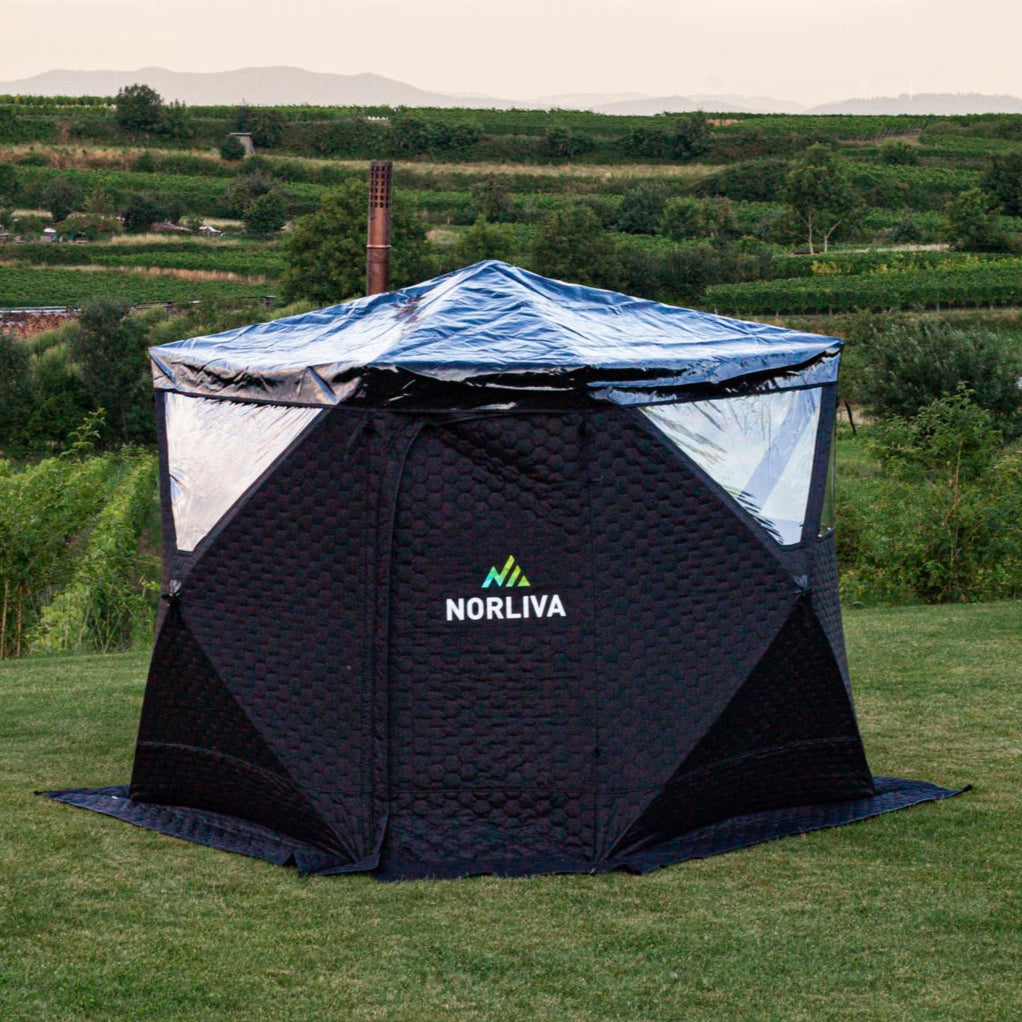 Set: Saunazelt Fjorden + Ofen + Sauna-Zubehör + Regenschutz