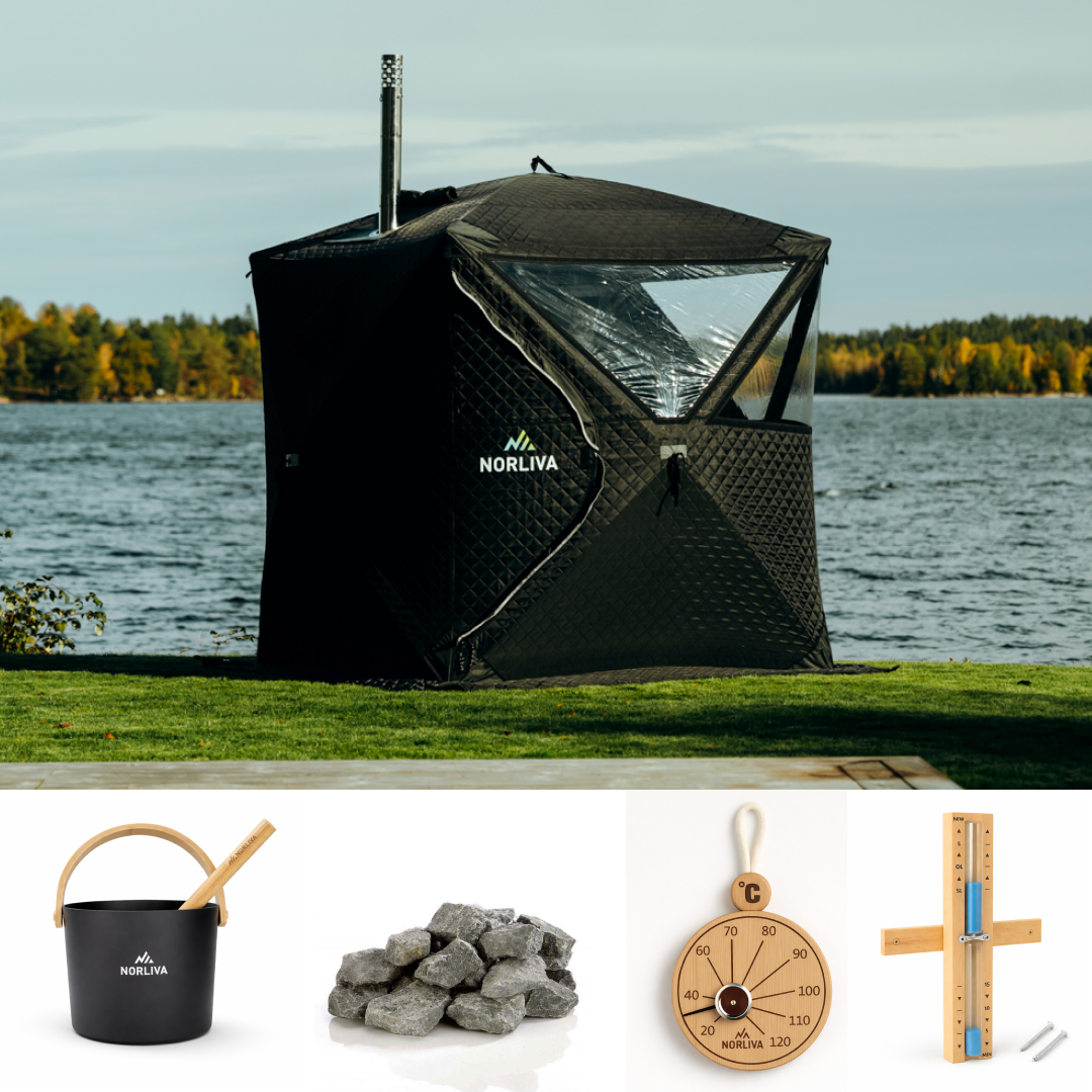 Set: Saunazelt Isen 2.0 + Ofen + Sauna-Zubehör