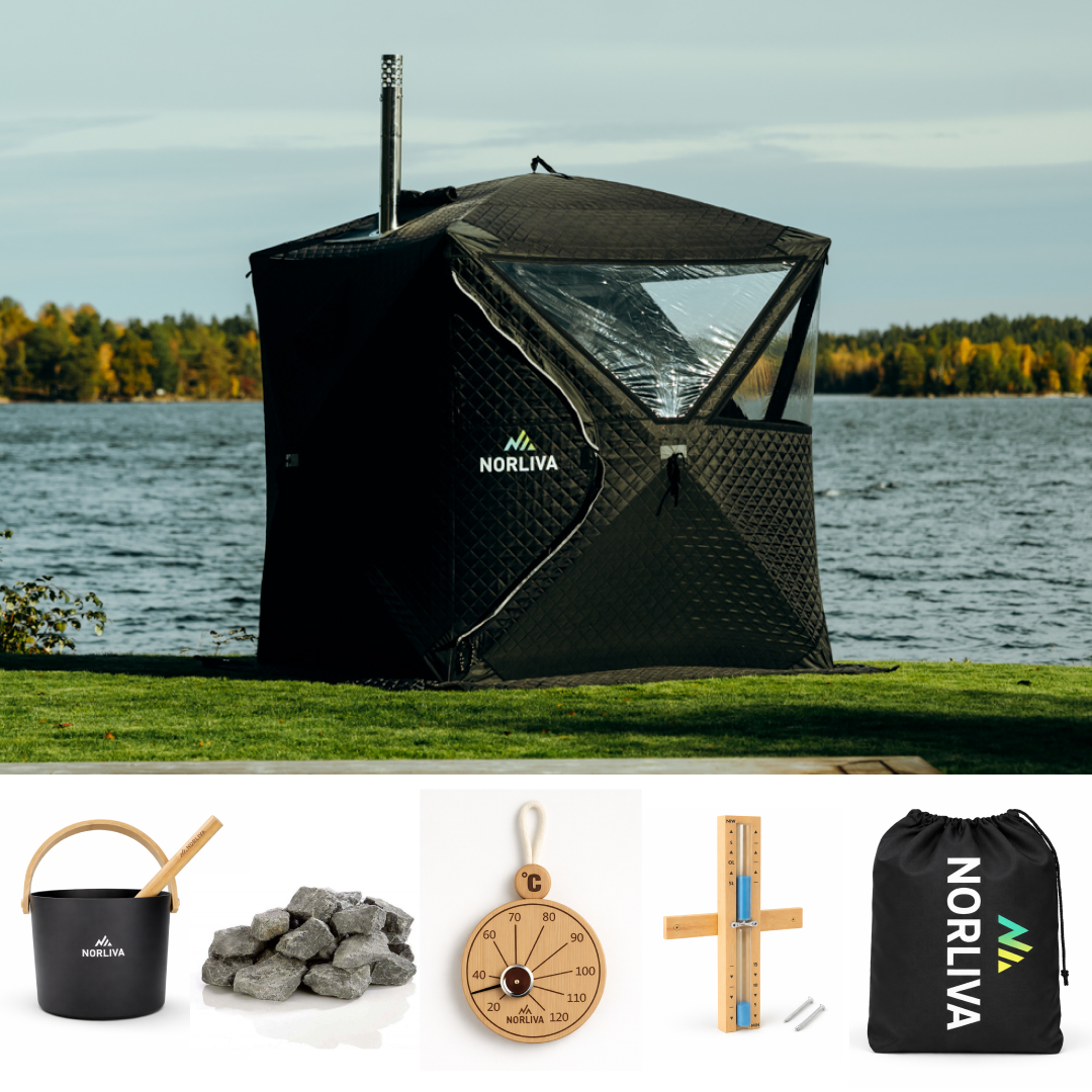 Set: Saunazelt Isen 2.0 + Ofen + Sauna-Zubehör + Regenschutz