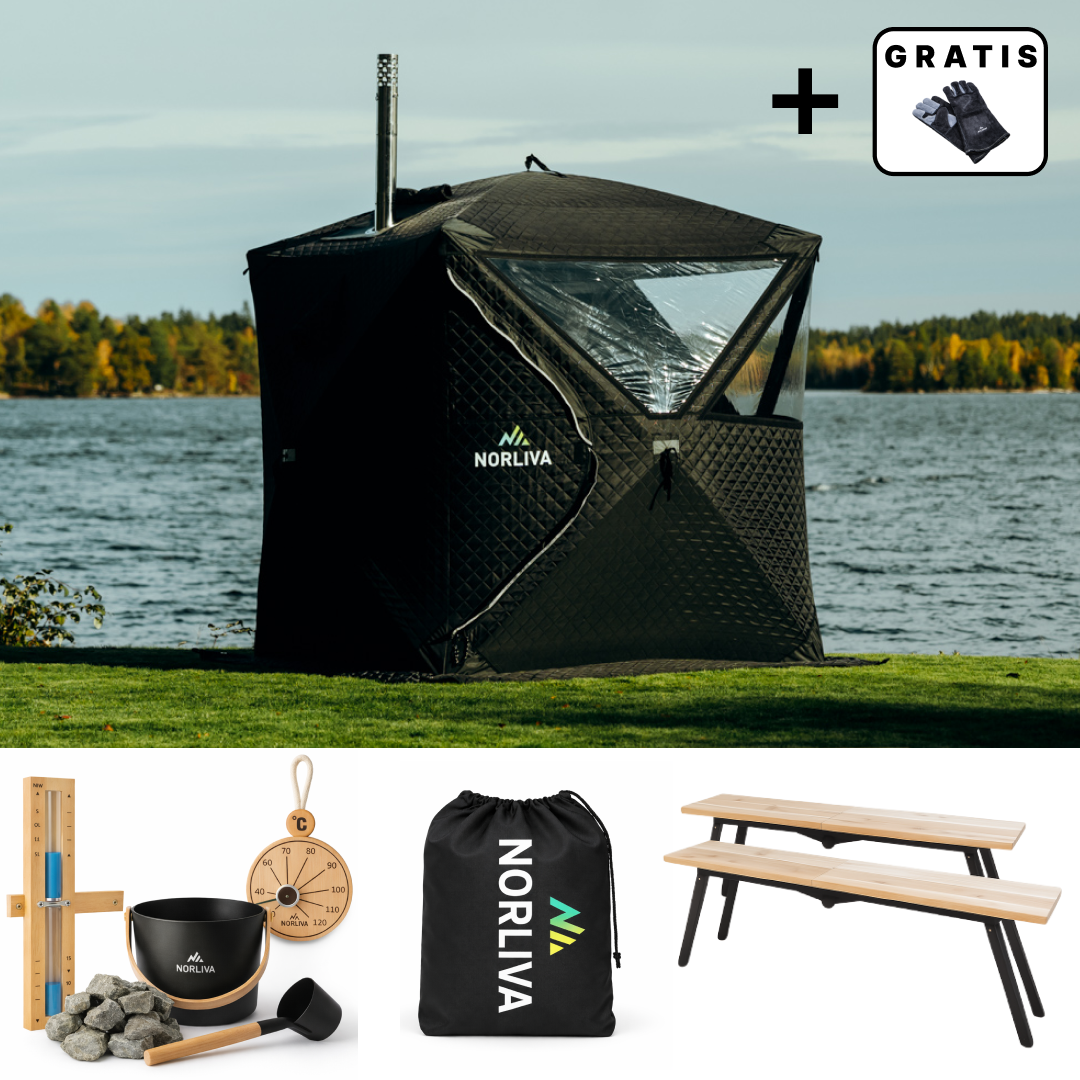 Set: Saunazelt Isen 3.0 + Ofen + Sauna-Zubehör + Regenschutz + Bänke