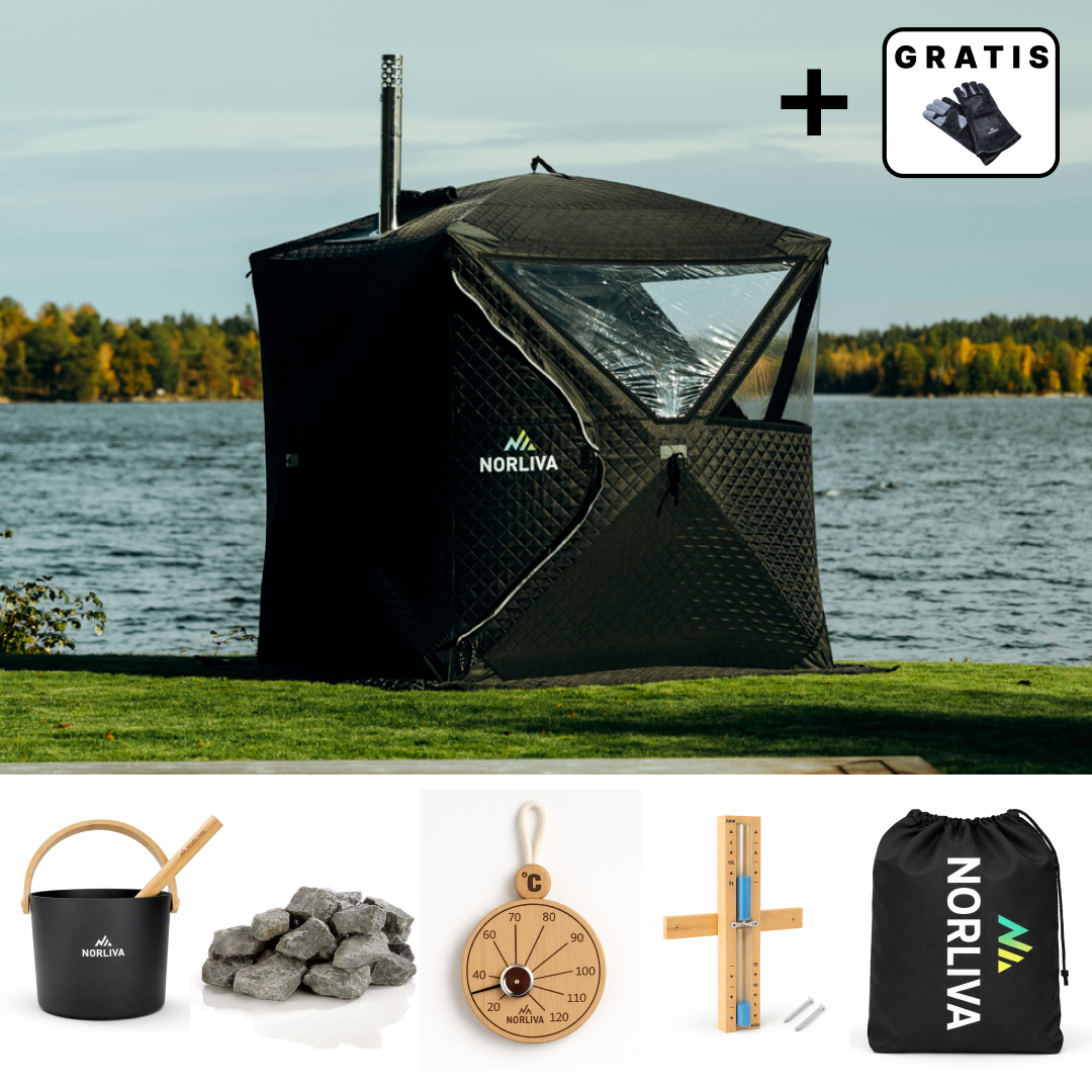 Set: Saunazelt Isen 2.0 + Ofen + Sauna-Zubehör + Regenschutz