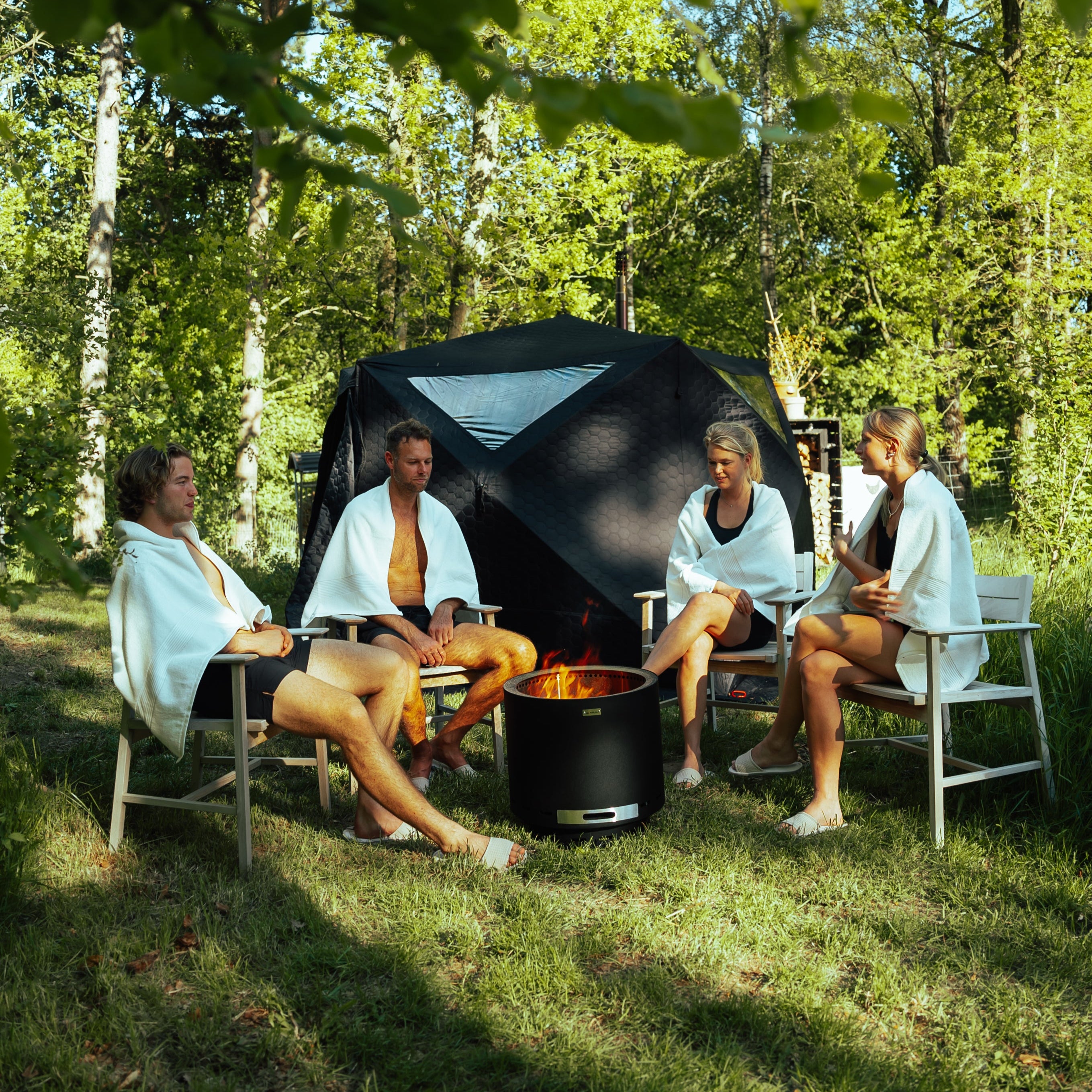 Set: Saunazelt Dalen 2.0 + Ofen + Sauna-Zubehör + Regenschutz + Bänke