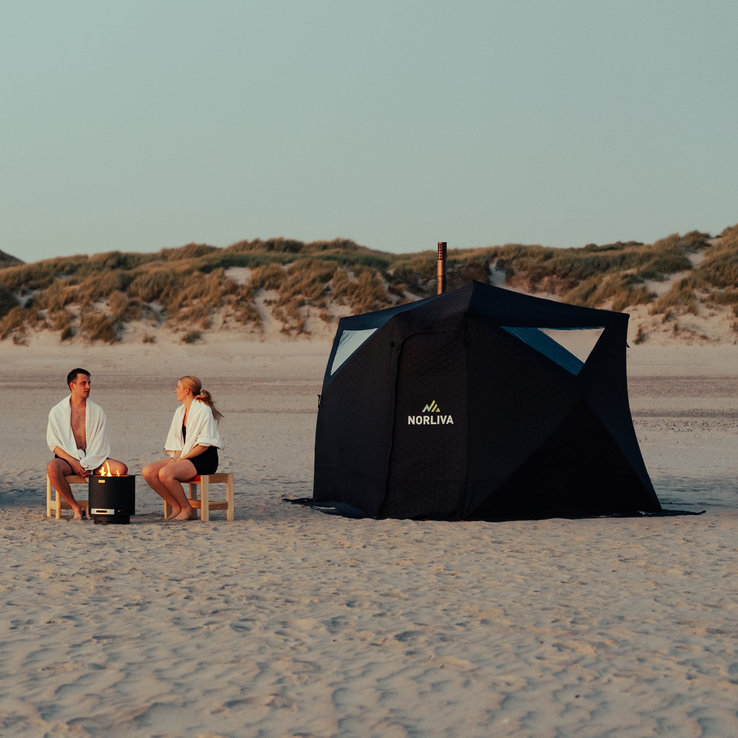 Set: Saunazelt Fjorden + Ofen + Sauna-Zubehör + Bänke + Eistonne