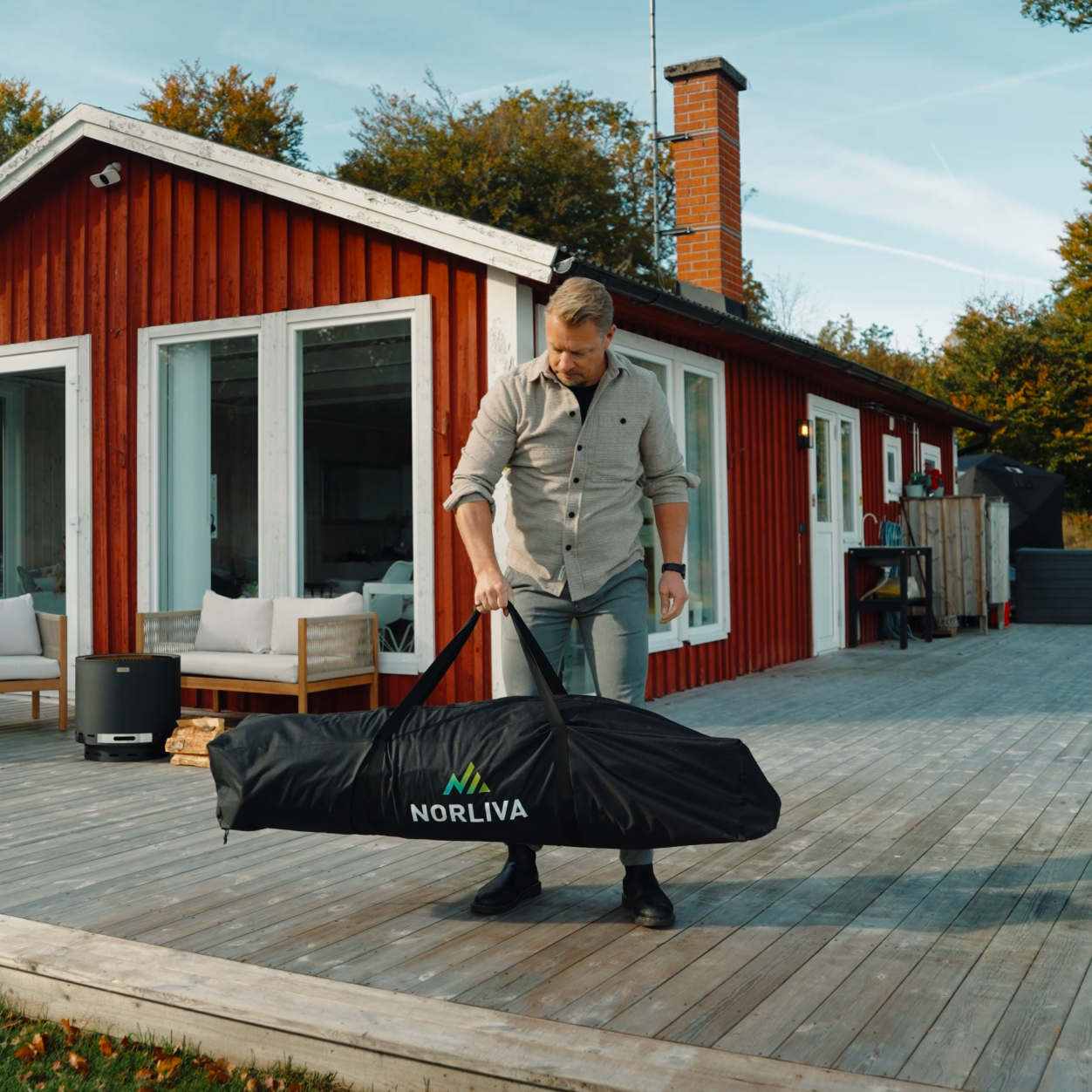 Set: Saunazelt Dalen 2.0 + Ofen + Sauna-Zubehör + Regenschutz + Bänke