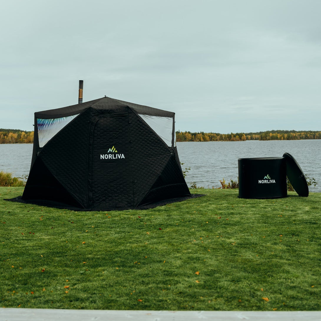 Set: Saunazelt Fjorden + Ofen + Sauna-Zubehör + Eistonne