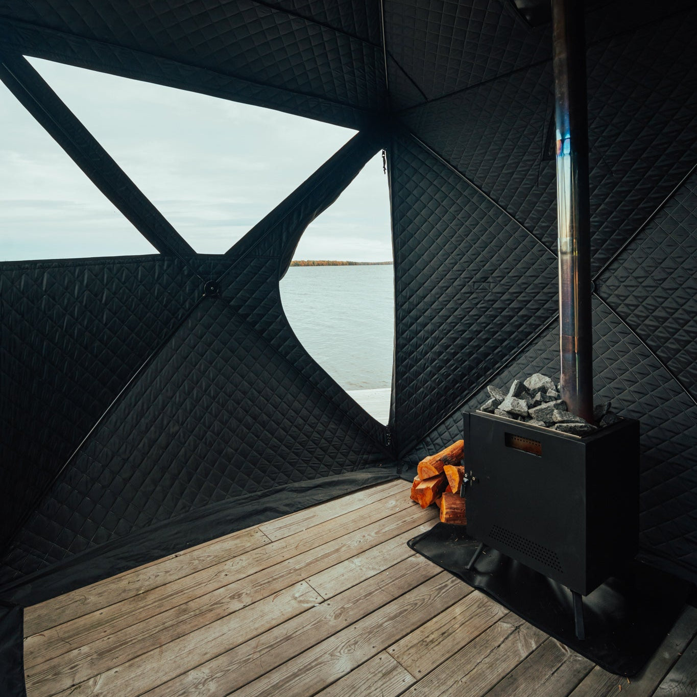 Set: Saunazelt Isen 2.0 + Ofen + Sauna-Zubehör + Regenschutz + Bänke + Eistonne