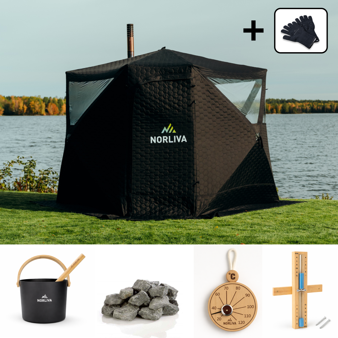 Set: Saunazelt Dalen 2.0 + Ofen + Sauna-Zubehör