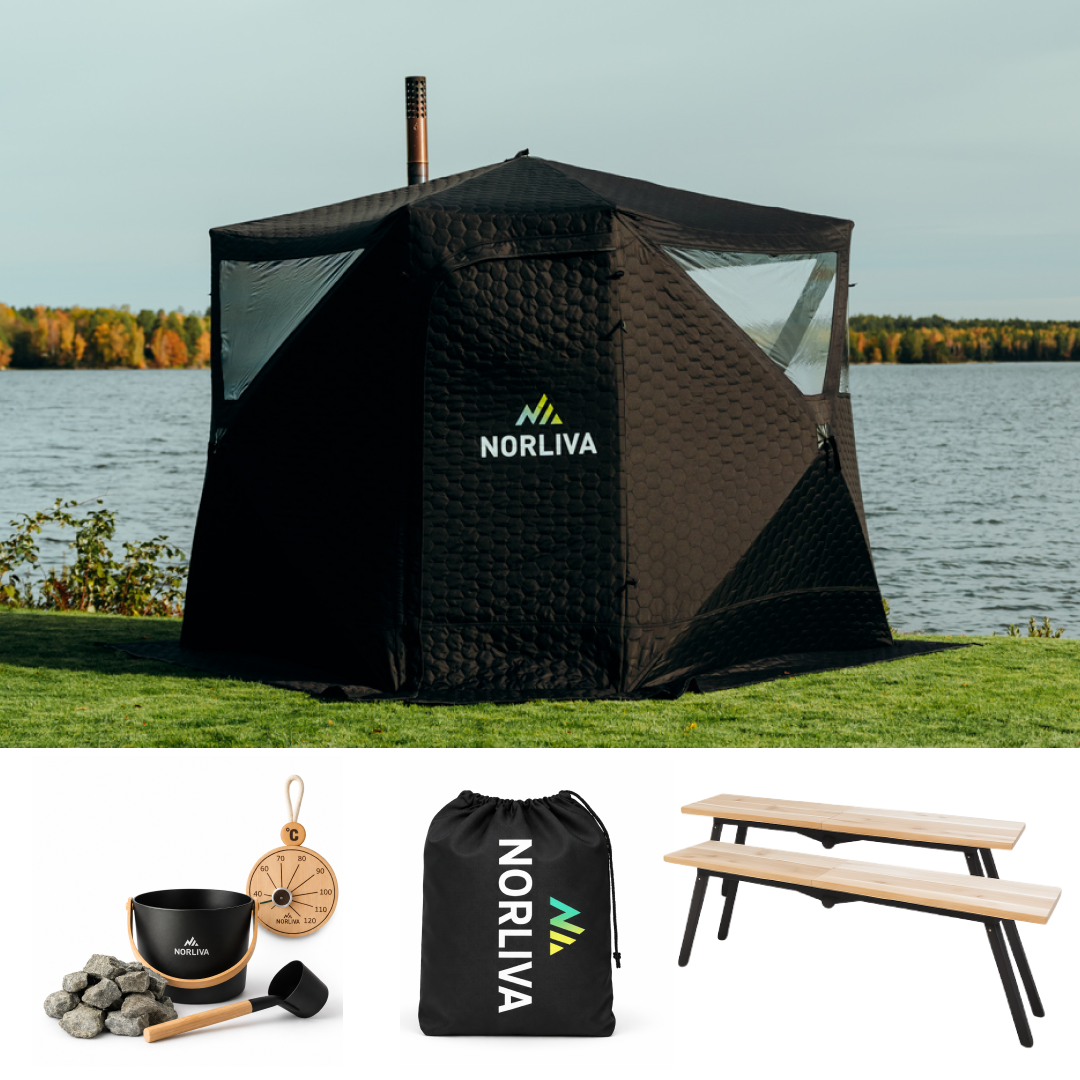 Set: Saunazelt Dalen 3.0 + Ofen + Sauna-Zubehör + Regenschutz + Bänke