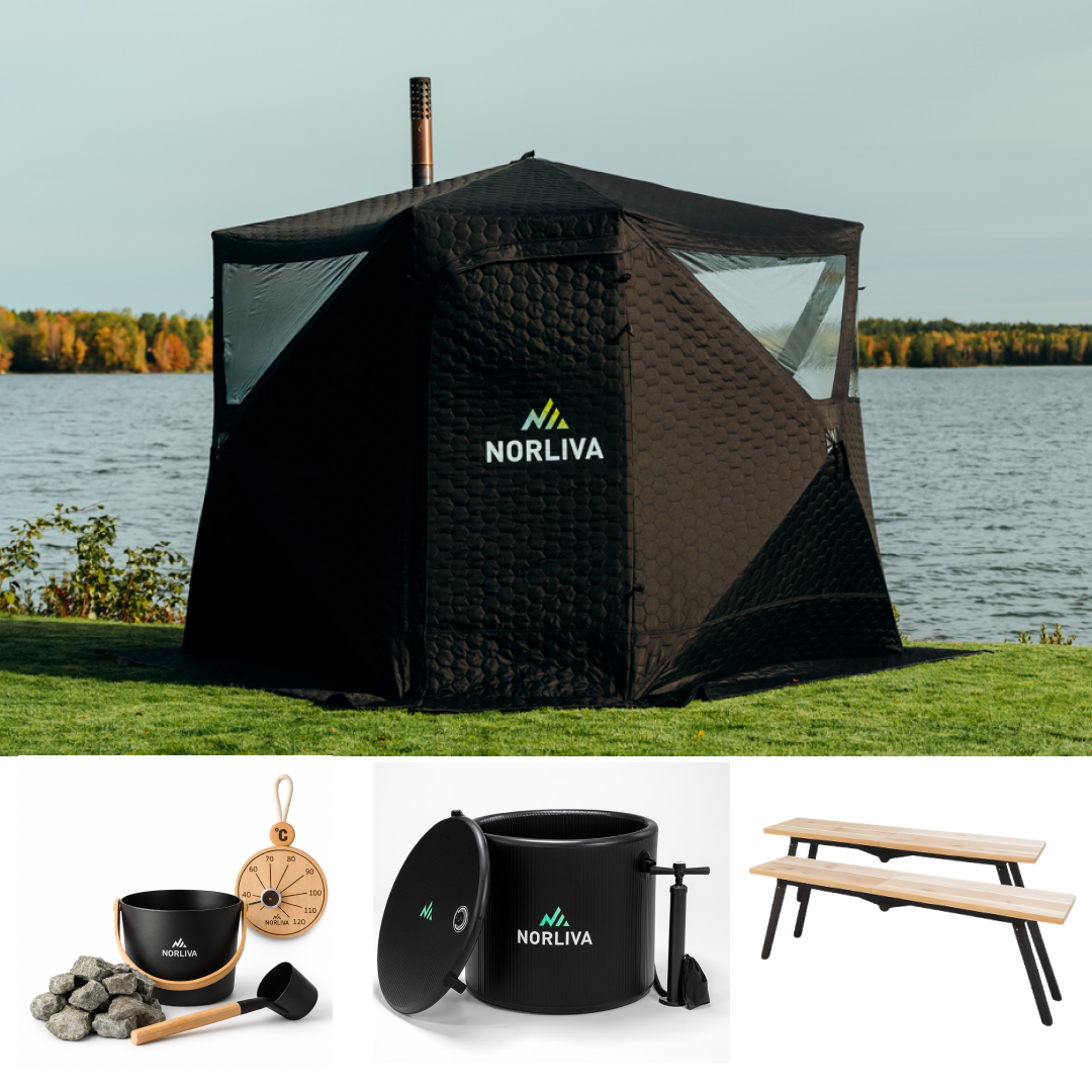 Set: Saunazelt Dalen 3.0 + Ofen + Sauna-Zubehör + Regenschutz + Bänke + Eistonne