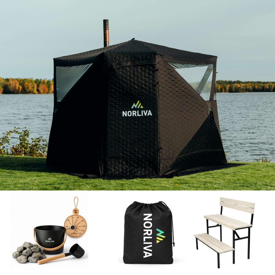Set: Saunazelt Dalen 3.0 + Ofen + Sauna-Zubehör + Regenschutz + zweistufige Bank