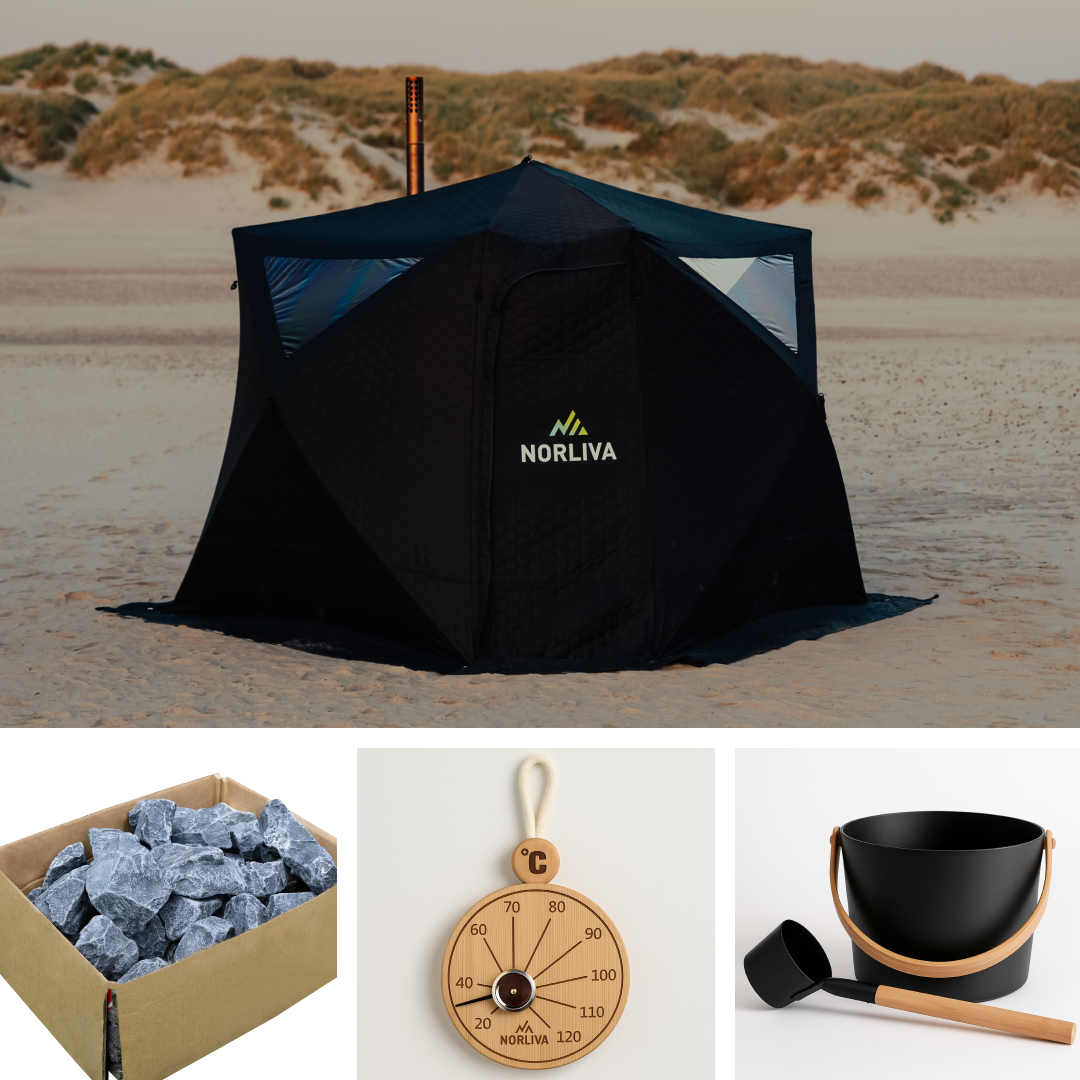 Set: Saunazelt Fjorden + Ofen + Sauna-Zubehör