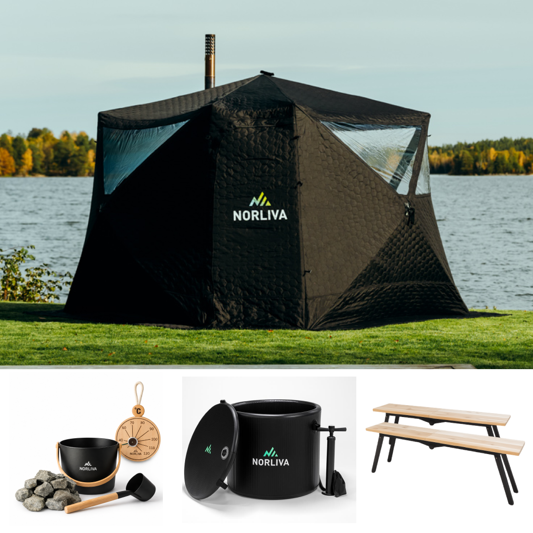 Set: Saunazelt Fjorden + Ofen + Sauna-Zubehör + Regenschutz + Bänke + Eistonne