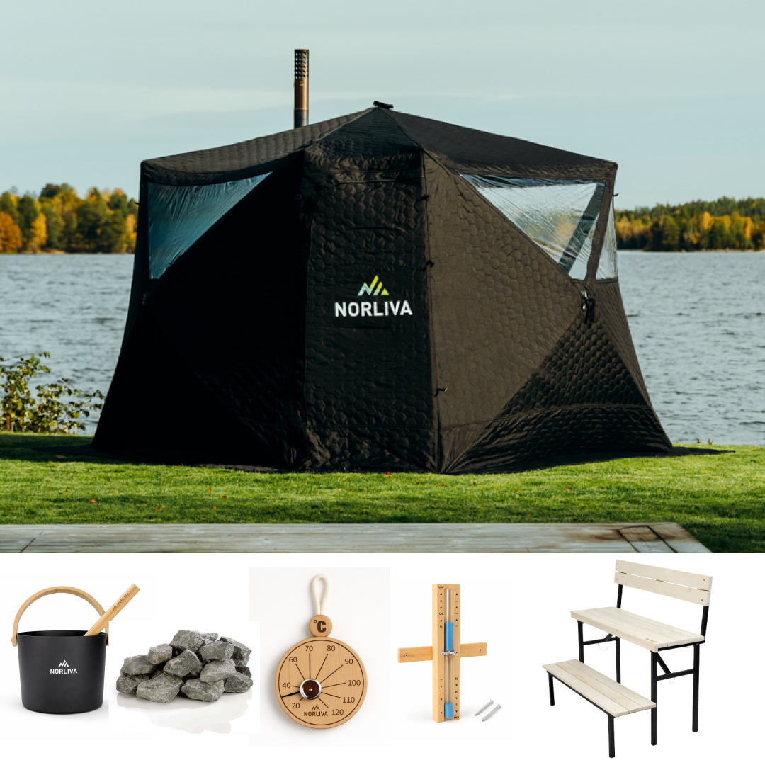 Set: Saunazelt Fjorden + Ofen + Sauna-Zubehör + zweistufige Bank