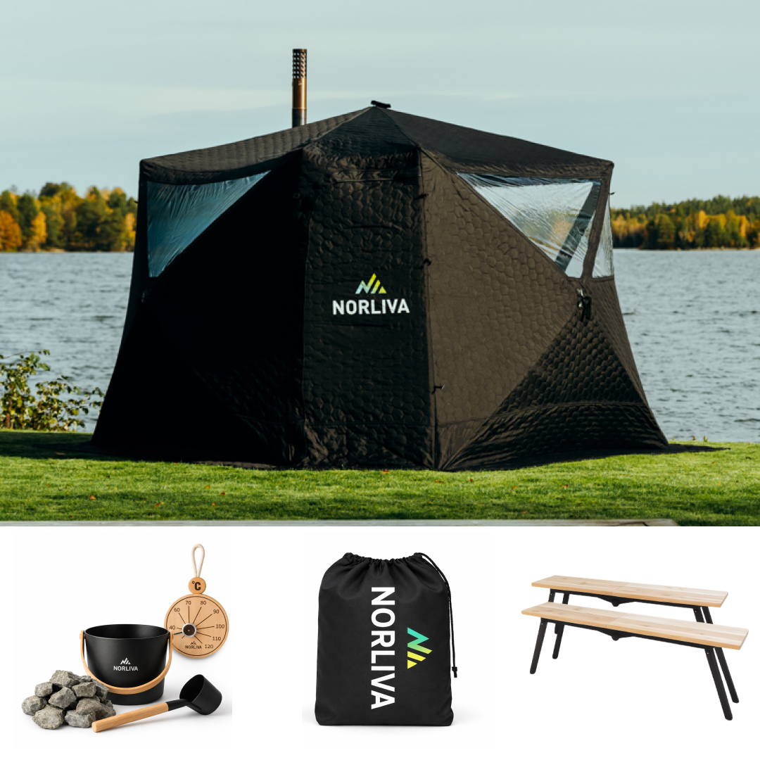 Set: Saunazelt Fjorden + Ofen + Sauna-Zubehör + Regenschutz + Bänke