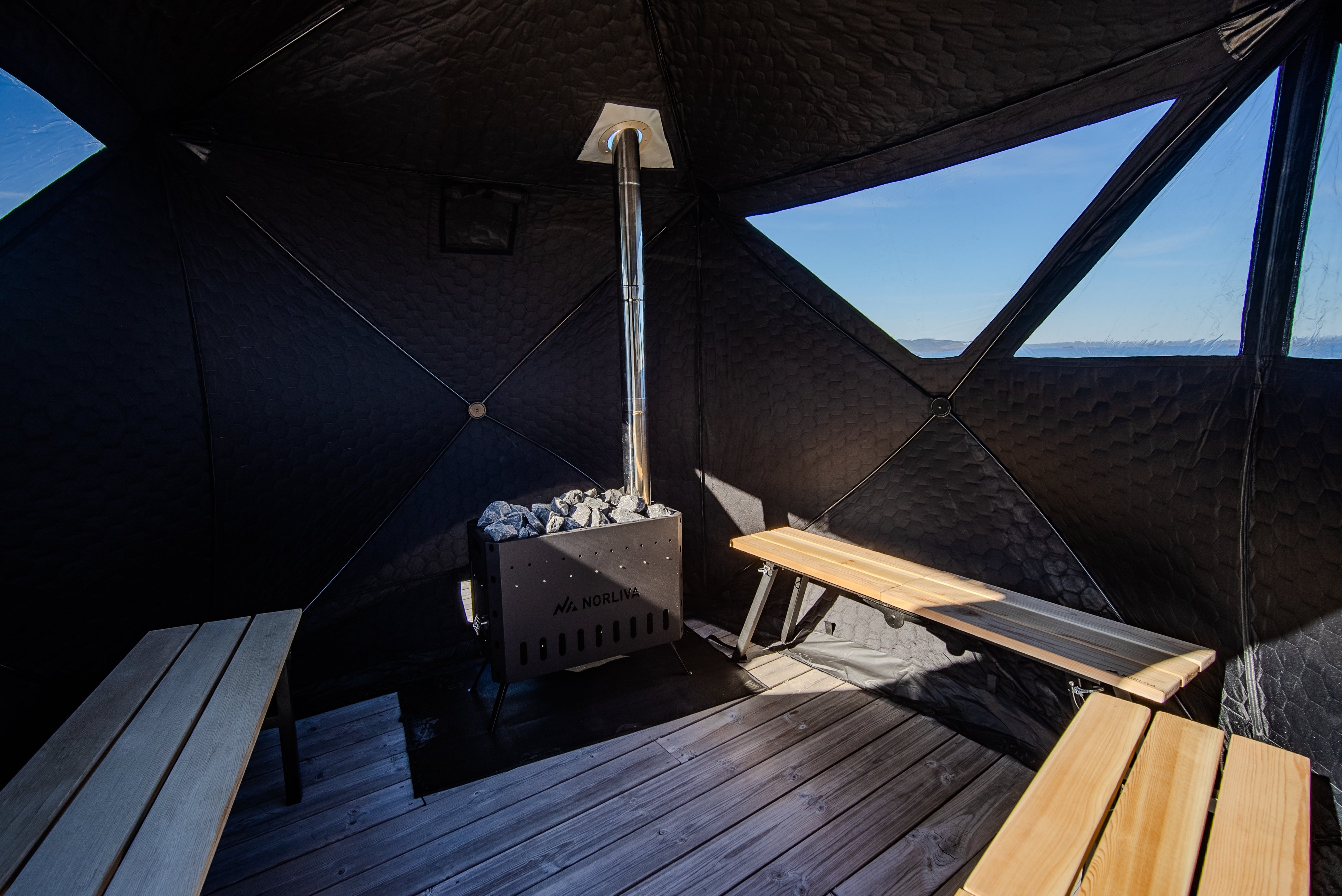 Set: Saunazelt Dalen 3.0 + Ofen + Sauna-Zubehör + Regenschutz + Bänke + Eistonne