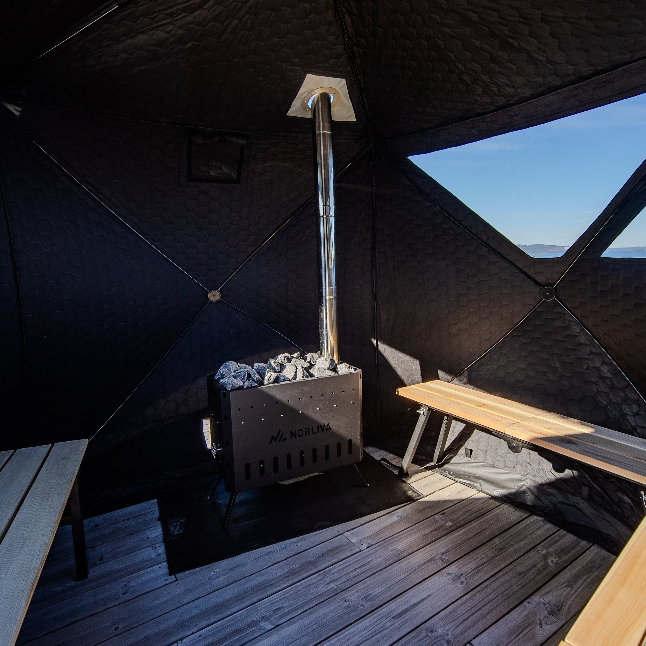 Set: Saunazelt Dalen 3.0 + Ofen + Sauna-Zubehör + Regenschutz