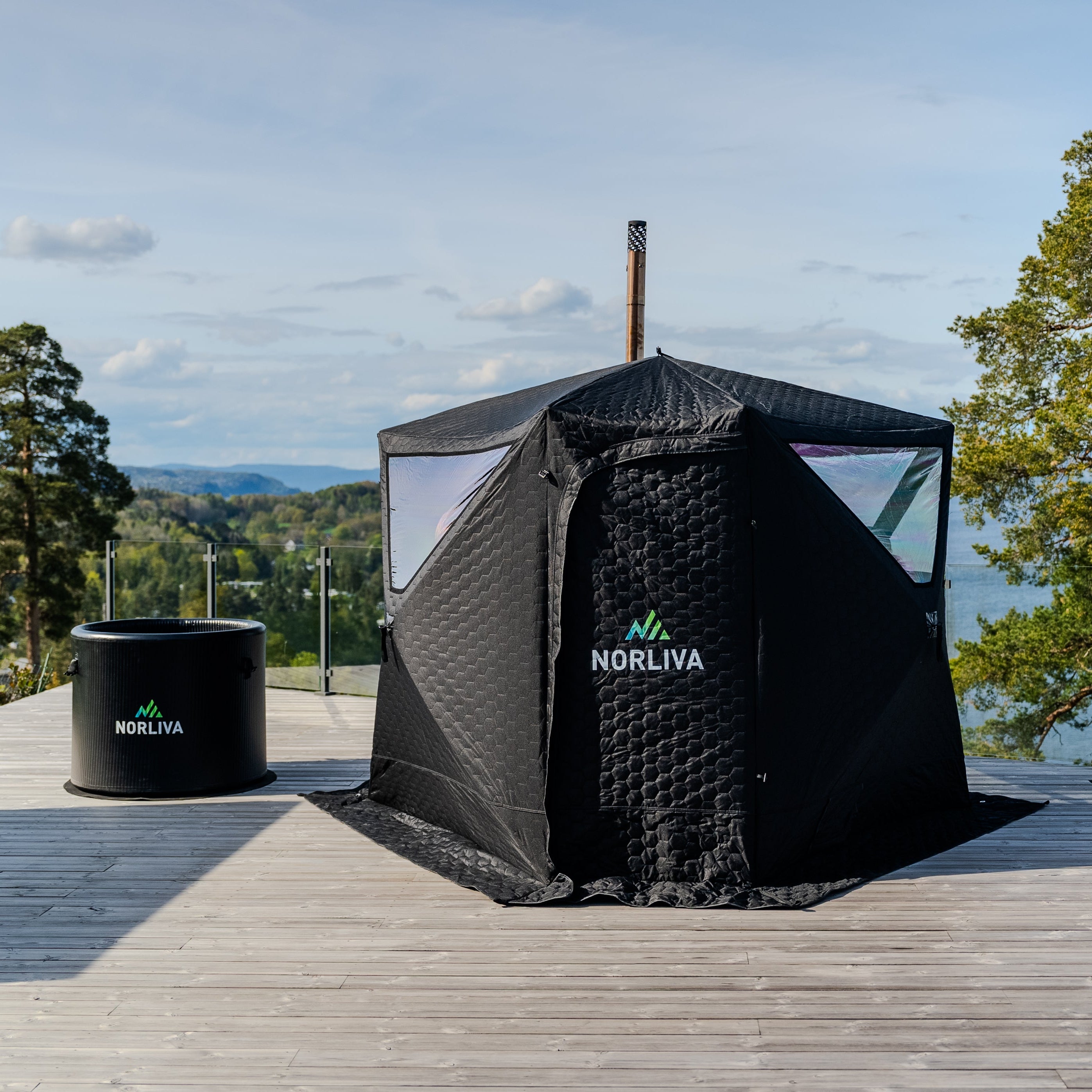 Set: Saunazelt Dalen 3.0 + Ofen + Sauna-Zubehör + Regenschutz + Bänke + Eistonne