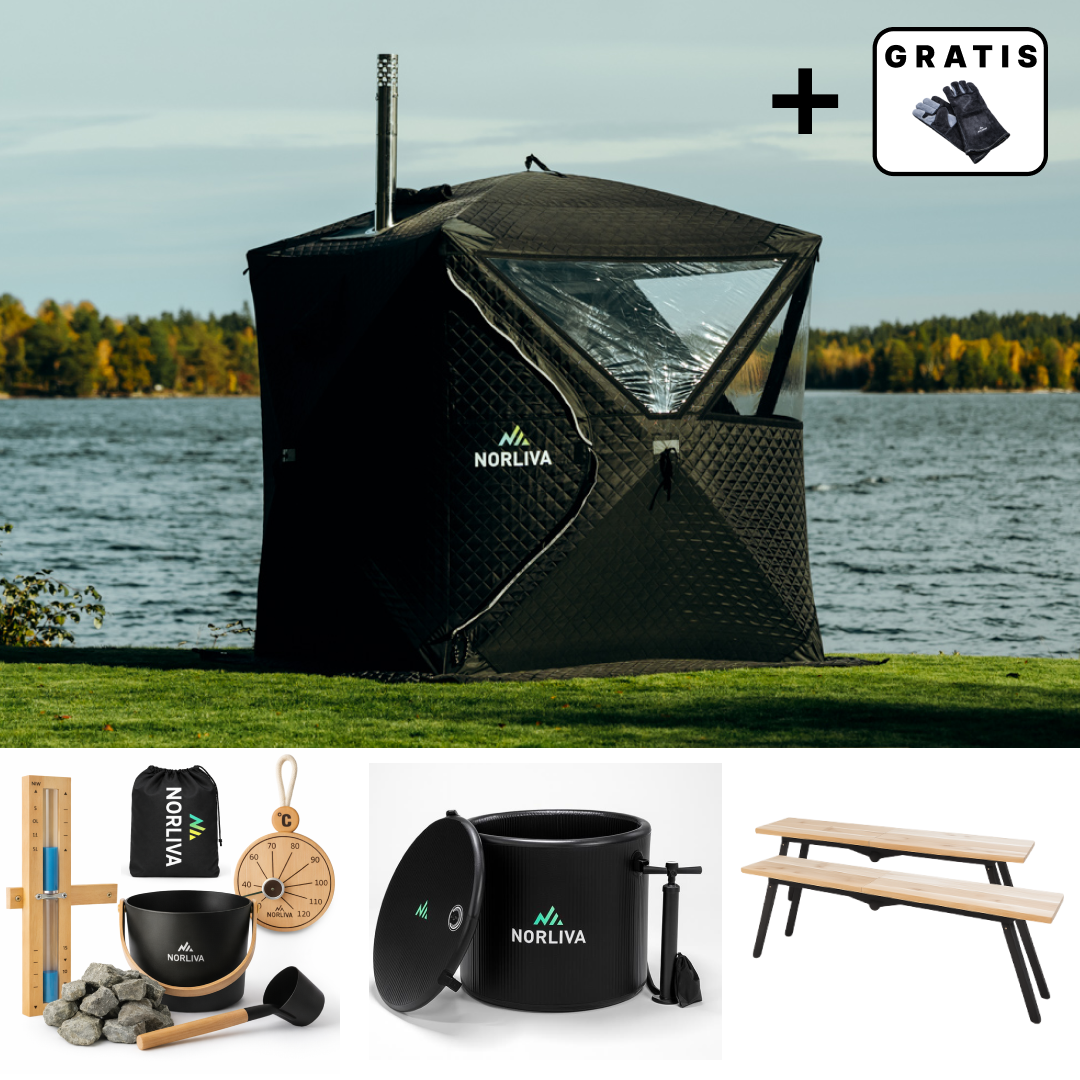 Set: Saunazelt Isen 3.0 + Ofen + Sauna-Zubehör + Regenschutz + Bänke + Eistonne