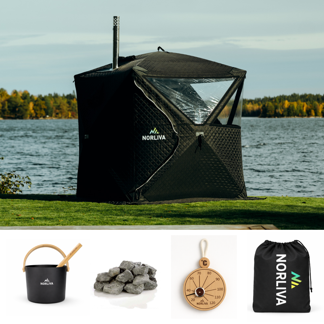 Set: Saunazelt Isen 3.0 + Ofen + Sauna-Zubehör + Regenschutz