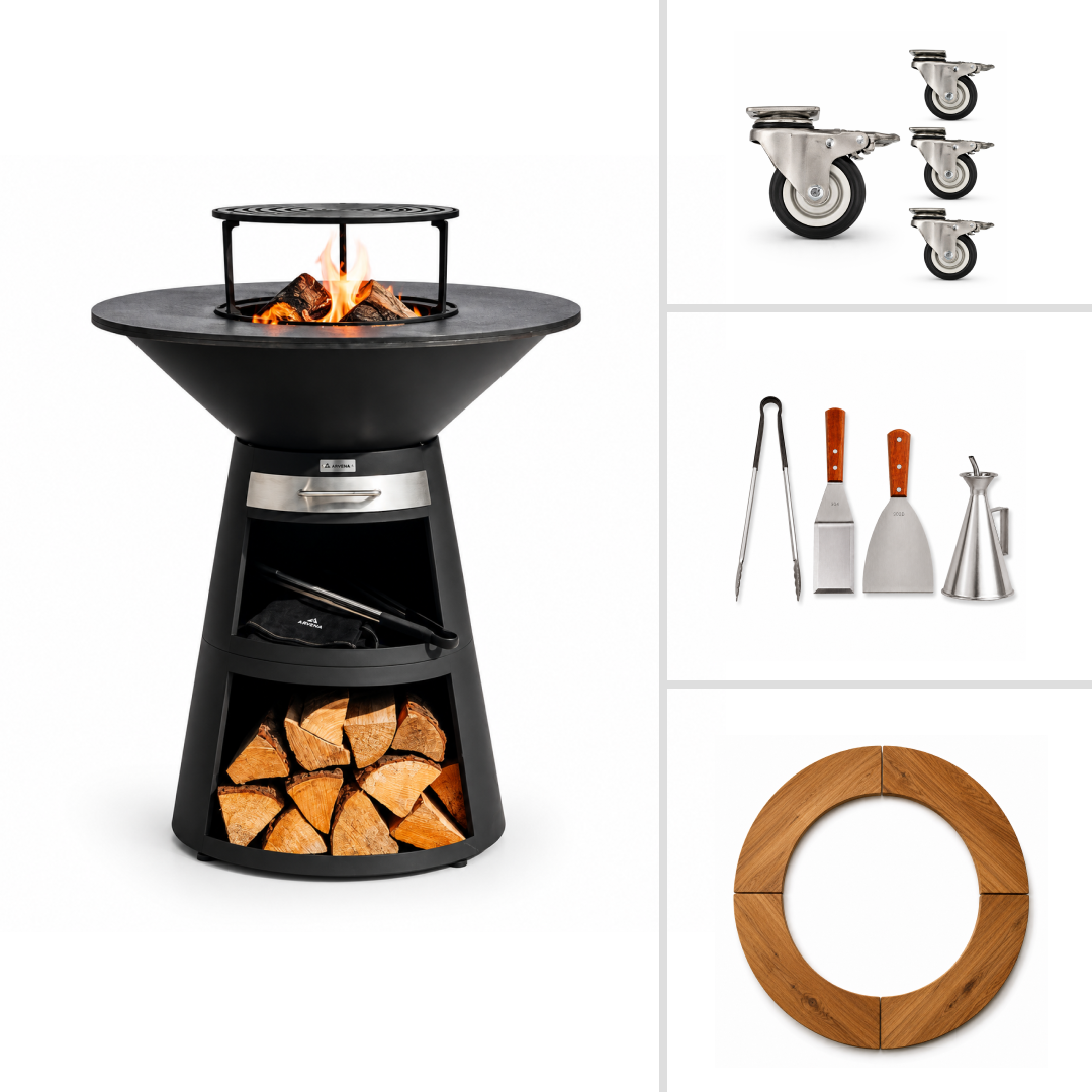 Set: Feuerplatten-Grill Aska + Grillzubehör + Rollen + Holzumrandung 4-teilig